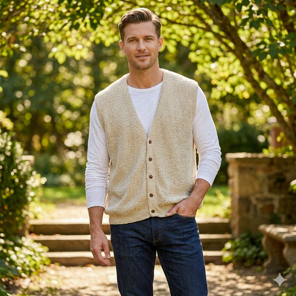 Vintage Eddie Bauer Textured Knit Button-Front Sweater Vest Oatmeal Size XLT/XG